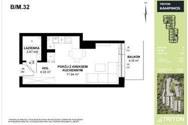 Rzut - Mieszkanie na sprzedaż 1 pokój o powierzchni 25,08 m² - numer B_M32 w Triton Kampinos III