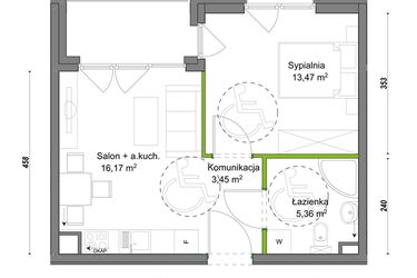 Rzut - Mieszkanie na sprzedaż 2 pokoje o powierzchni 38,45 m² - numer E1/C/03 w Orawska Vita