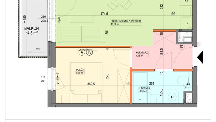 Rzut - Mieszkanie na sprzedaż 2 pokoje o powierzchni 36,79 m² - numer B1.1.08.2a w Junique I.II