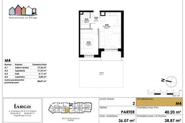 Rzut - Mieszkanie na sprzedaż 2 pokoje o powierzchni 38,87 m² - numer M4 w Kamieniczki za Strugą