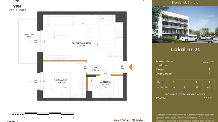 Rzut - Mieszkanie na sprzedaż 2 pokoje o powierzchni 42,71 m² - numer 21 w Apartamenty 3 Maja