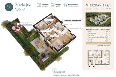 Rzut - Mieszkanie na sprzedaż 3 pokoje o powierzchni 54,97 m² - numer A3/1 w Spokojna Wólka etap IV
