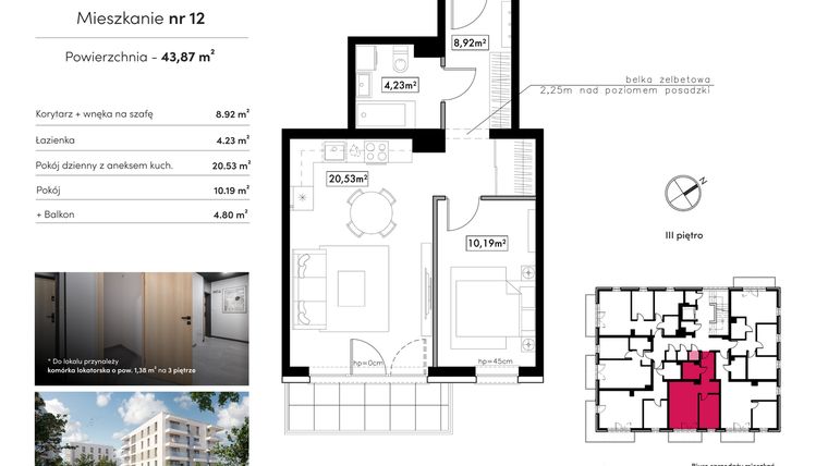 Rzut - Mieszkanie na sprzedaż 2 pokoje o powierzchni 43,87 m² - numer 12 w Novum Rumia - bud. 22
