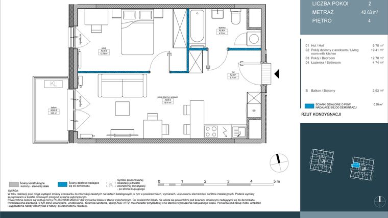 Rzut - Mieszkanie na sprzedaż 2 pokoje o powierzchni 42,63 m² - numer 90 w Nordic Górka Narodowa