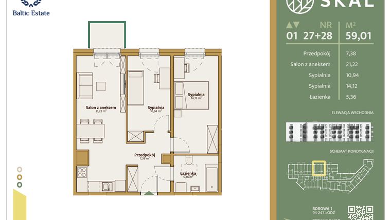 Rzut - Mieszkanie na sprzedaż 1 pokój o powierzchni 59,01 m² - numer M.27+28 w Skal