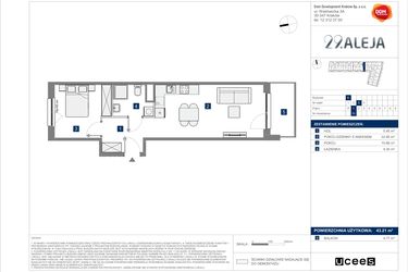 Rzut - Mieszkanie na sprzedaż 2 pokoje o powierzchni 43,34 m² - numer E.52 w 29. Aleja etap 2