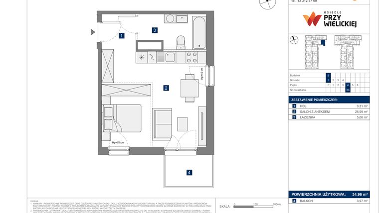 Rzut - Mieszkanie na sprzedaż 1 pokój o powierzchni 34,96 m² - numer B-23 w Osiedle przy Wielickiej etap 1.2