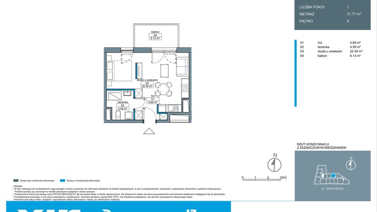 Rzut - Mieszkanie na sprzedaż 1 pokój o powierzchni 31,74 m² - numer A.6.2 w Rakoczego 17