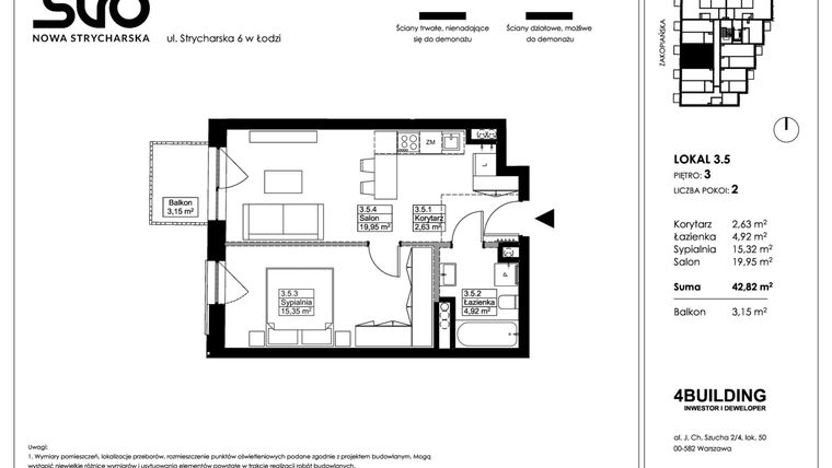 Rzut - Mieszkanie na sprzedaż 2 pokoje o powierzchni 42,82 m² - numer 3.5 w Nowa Strycharska | STR 6