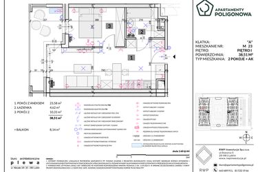 Rzut - Mieszkanie na sprzedaż 2 pokoje o powierzchni 38,51 m² - numer 23 w Apartamenty Poligonowa etap 5