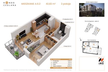 Rzut - Mieszkanie na sprzedaż 2 pokoje o powierzchni 42,82 m² - numer A.6.2 w Rondo Ceglana etap II