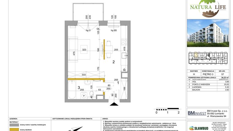 Rzut - Mieszkanie na sprzedaż 2 pokoje o powierzchni 34,03 m² - numer H.57 w Osiedle Natura Life budynki GHI