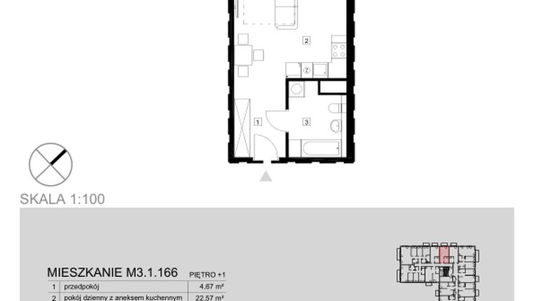 Rzut - Mieszkanie na sprzedaż 1 pokój o powierzchni 33,38 m² - numer M3.1.166 w Modern Helenów