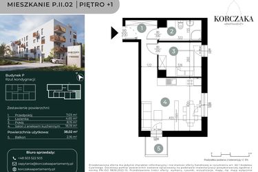 Rzut - Mieszkanie na sprzedaż 2 pokoje o powierzchni 38,02 m² - numer P.II.02 w Korczaka Apartamenty