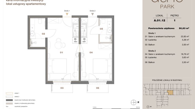 Rzut - Mieszkanie na sprzedaż 2 pokoje o powierzchni 50,63 m² - numer A 01.12 w DUNE Park