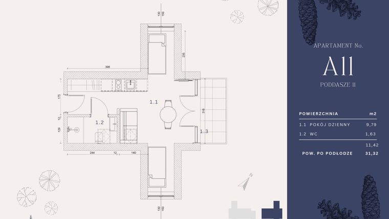 Rzut - Mieszkanie na sprzedaż 2 pokoje o powierzchni 11,86 m² - numer A11 w Rysulówka 70