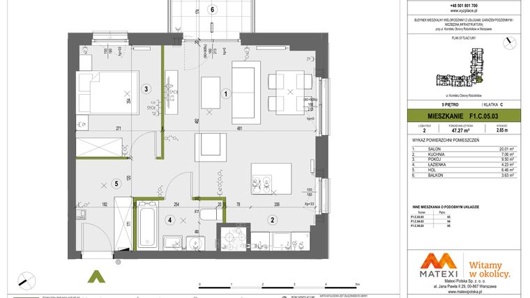 Rzut - Mieszkanie na sprzedaż 2 pokoje o powierzchni 47,16 m² - numer F1.C.05.03 w XYZ Place