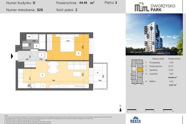 Rzut - Mieszkanie na sprzedaż 2 pokoje o powierzchni 44,46 m² - numer 26 w Dworzysko Park - Etap III