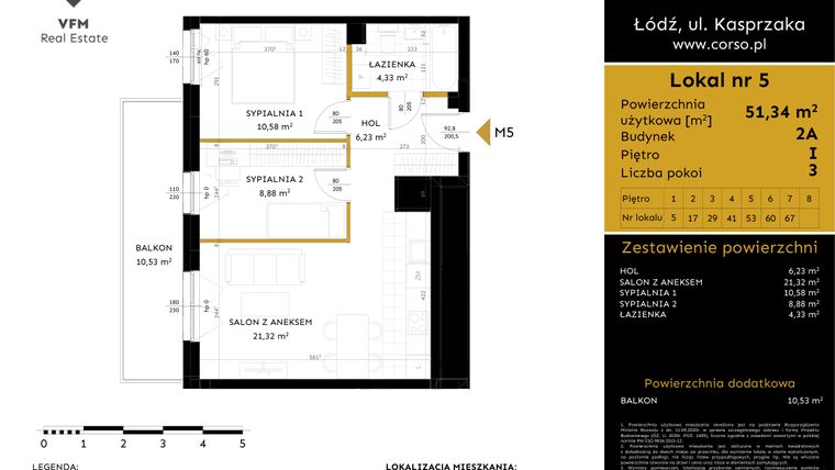 Rzut - Mieszkanie na sprzedaż 3 pokoje o powierzchni 51,34 m² - numer 2A.5 w Corso etap 2