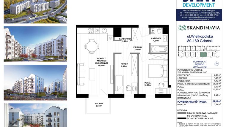 Rzut - Mieszkanie na sprzedaż 3 pokoje o powierzchni 64,08 m² - numer A.3.42 w Skandinavia