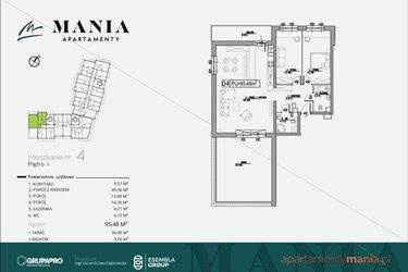 Rzut - Mieszkanie na sprzedaż 3 pokoje o powierzchni 95,48 m² - numer 4 w MANIA Apartamenty