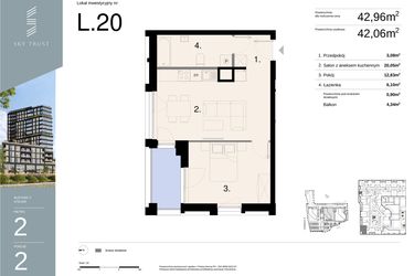 Rzut - Mieszkanie na sprzedaż 2 pokoje o powierzchni 42,96 m² - numer L20 w Sky Trust etap II - Apartamenty inwestycyjne