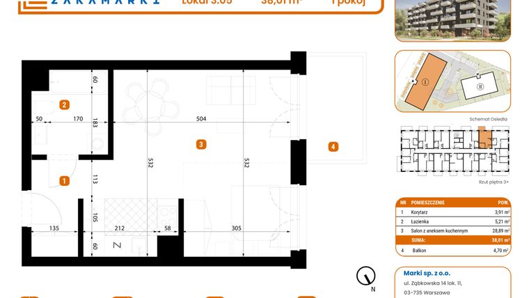 Rzut - Mieszkanie na sprzedaż 1 pokój o powierzchni 38,01 m² - numer B1/3/05 w Zakamarki
