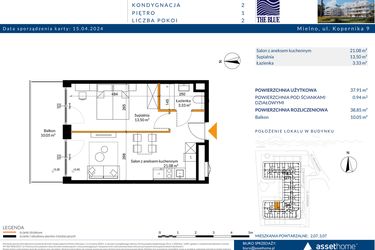 Rzut - Mieszkanie na sprzedaż 2 pokoje o powierzchni 38,85 m² - numer 1.07 w The Blue