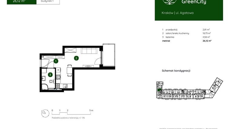 Rzut - Mieszkanie na sprzedaż 1 pokój o powierzchni 26,12 m² - numer 1.A.4.12 w Murapol GreenCity bud. 1