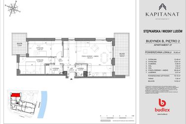 Rzut - Mieszkanie na sprzedaż 3 pokoje o powierzchni 76,95 m² - numer 27.B w Kapitanat Apartamenty