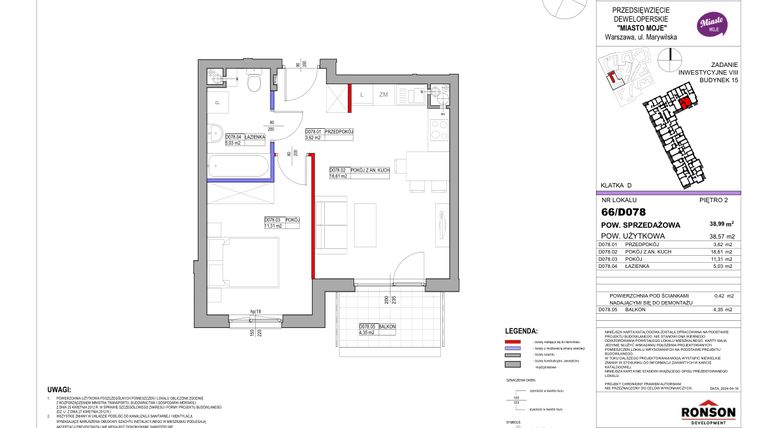 Rzut - Mieszkanie na sprzedaż 2 pokoje o powierzchni 38,99 m² - numer 15_D078 w Miasto Moje 8