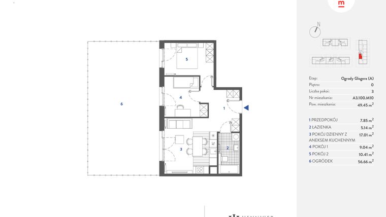 Rzut - Mieszkanie na sprzedaż 3 pokoje o powierzchni 49,59 m² - numer A3.100.M10 w Mieszkaj w mieście - Ogrody Glogera