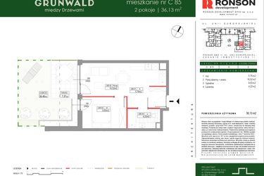 Rzut - Mieszkanie na sprzedaż 2 pokoje o powierzchni 36,13 m² - numer C085 w Grunwald Między Drzewami etap III