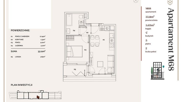 Rzut - Mieszkanie na sprzedaż 2 pokoje o powierzchni 33,11 m² - numer C.68 w Młyny Mogilska