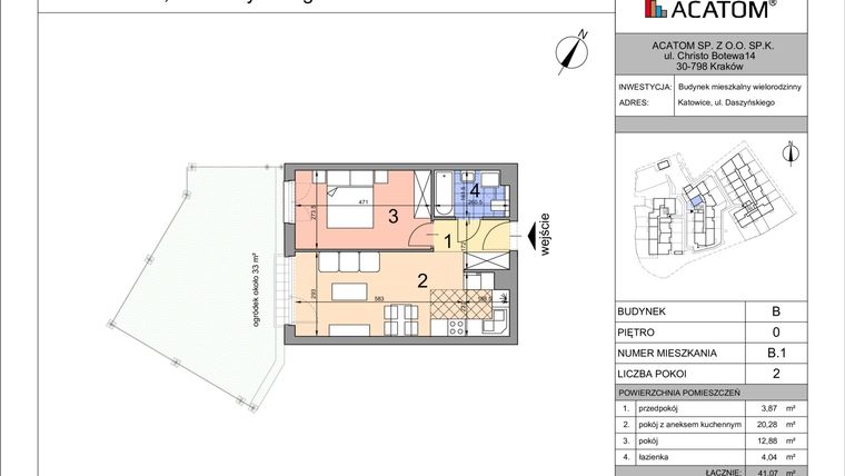 Rzut - Mieszkanie na sprzedaż 2 pokoje o powierzchni 41,07 m² - numer B1 w Daszyńskiego Park