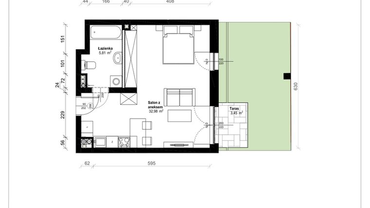 Rzut - Mieszkanie na sprzedaż 1 pokój o powierzchni 38,79 m² - numer B.0.08.1a w ATRIUM