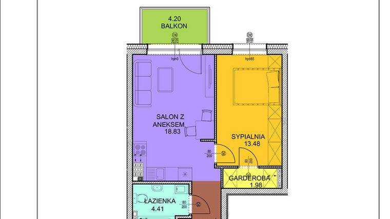 Rzut - Mieszkanie na sprzedaż 2 pokoje o powierzchni 44,19 m² - numer D21 w Osiedle Zuchów