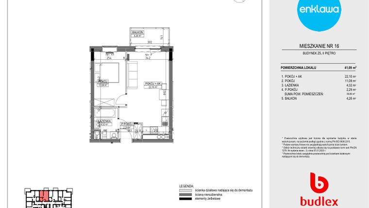 Rzut - Mieszkanie na sprzedaż 2 pokoje o powierzchni 41,09 m² - numer Z5.16 w Enklawa Apartamenty Z4 i Z5