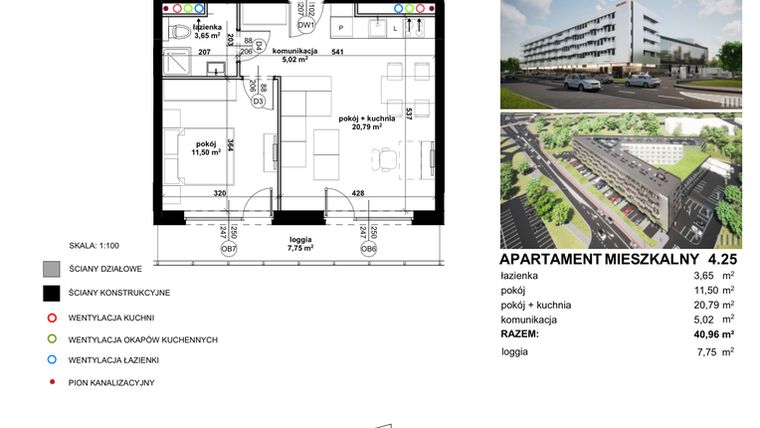 Rzut - Mieszkanie na sprzedaż 2 pokoje o powierzchni 41 m² - numer 4.25 w Apartamentowiec Zwycięska 3