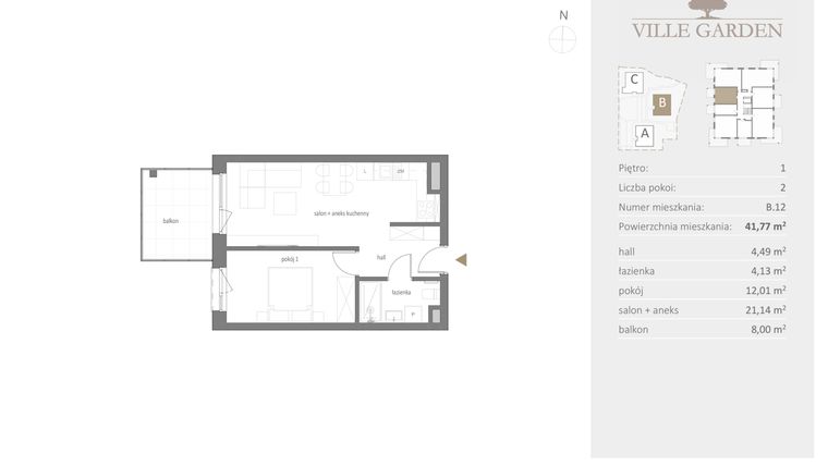 Rzut - Mieszkanie na sprzedaż 2 pokoje o powierzchni 41,77 m² - numer B.12 w Ville Garden