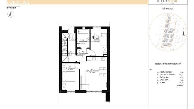 Rzut - Mieszkanie na sprzedaż 3 pokoje o powierzchni 50,07 m² - numer N3 w Villa Stoki (mieszkania)