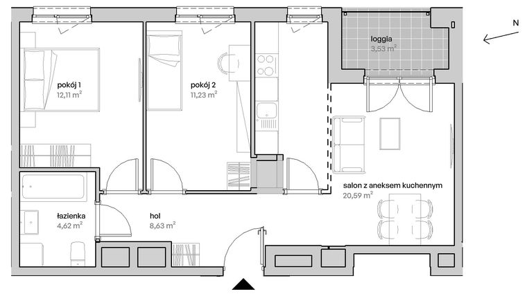 Rzut - Mieszkanie na sprzedaż 3 pokoje o powierzchni 56,96 m² - numer A.12.141 w Unii Lubelskiej Vita