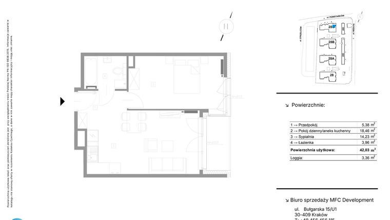 Rzut - Mieszkanie na sprzedaż 2 pokoje o powierzchni 42,03 m² - numer 39C w Strzelców 28