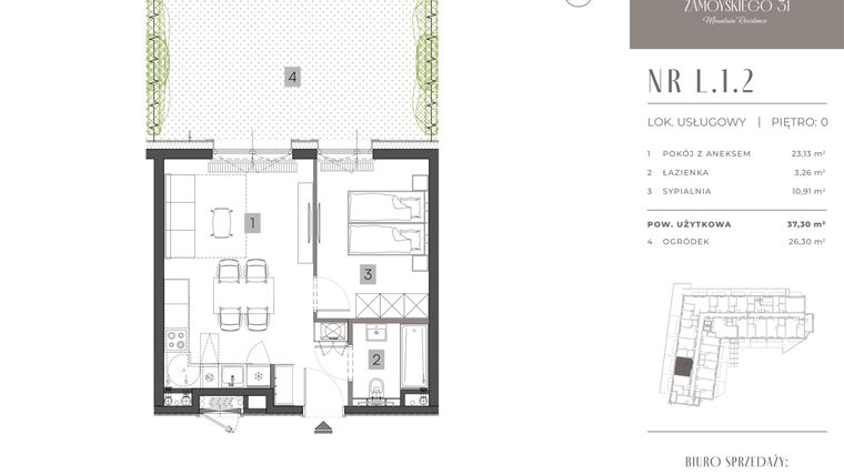 Rzut - Mieszkanie na sprzedaż 2 pokoje o powierzchni 37,3 m² - numer L.1.2 w Zamoyskiego 31