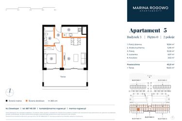 Rzut - Mieszkanie na sprzedaż 2 pokoje o powierzchni 43,21 m² - numer 5 w Apartamenty Marina Rogowo