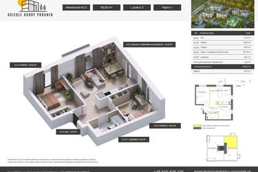 Rzut - Mieszkanie na sprzedaż 3 pokoje o powierzchni 56,5 m² - numer B.1.2 w Dobry Poranek