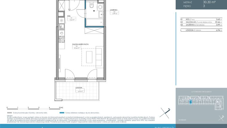 Rzut - Mieszkanie na sprzedaż 1 pokój o powierzchni 30,3 m² - numer 1.1.3.05 w Nordic Powstańców Śląskich