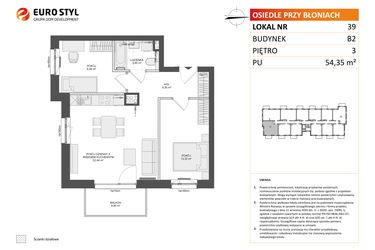 Rzut - Mieszkanie na sprzedaż 3 pokoje o powierzchni 54,35 m² - numer B2.39 w Osiedle Przy Błoniach 3 etap III