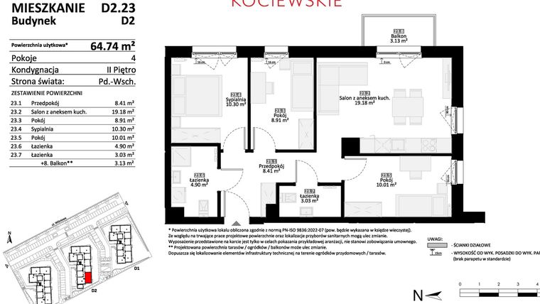 Rzut - Mieszkanie na sprzedaż 4 pokoje o powierzchni 64,74 m² - numer D2.23 w Osiedle Kociewskie etap IV
