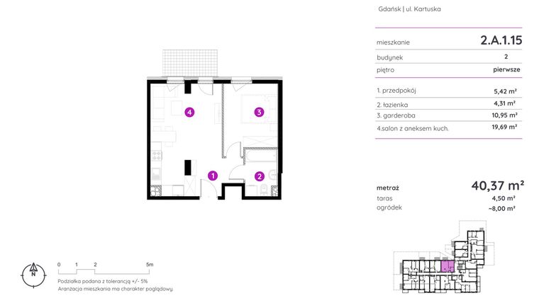 Rzut - Mieszkanie na sprzedaż 2 pokoje o powierzchni 40,37 m² - numer 2.A.1.15 w Murapol Scarpa